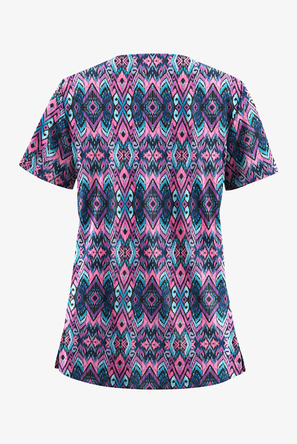 Butter-Soft STRETCH Cantik Ikat Women's 2-Pocket V-Neck Print Scrub Top - null - 2