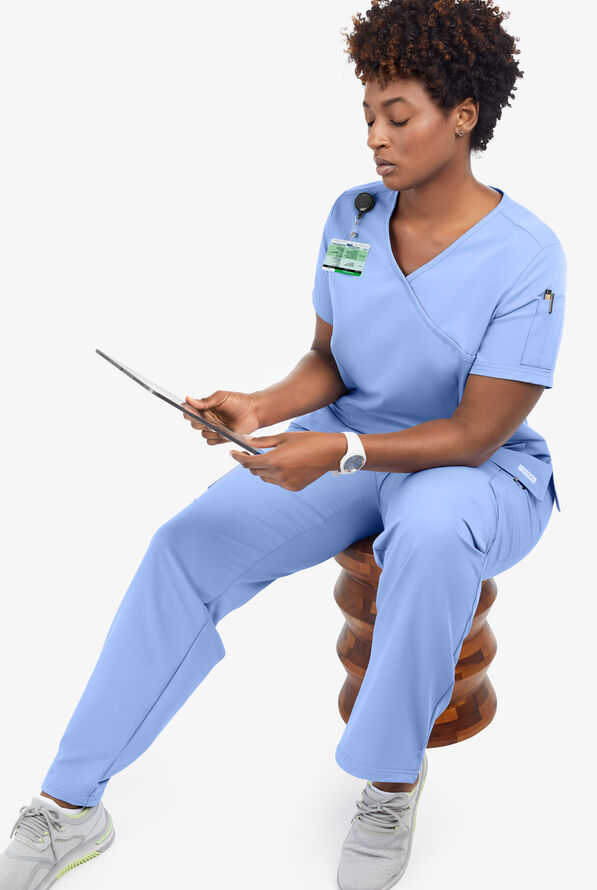 Butter-Soft Women's 5-Pockets Faux Wrap Scrub Top **Slightly IRREGULAR** - Ceil Blue - 8