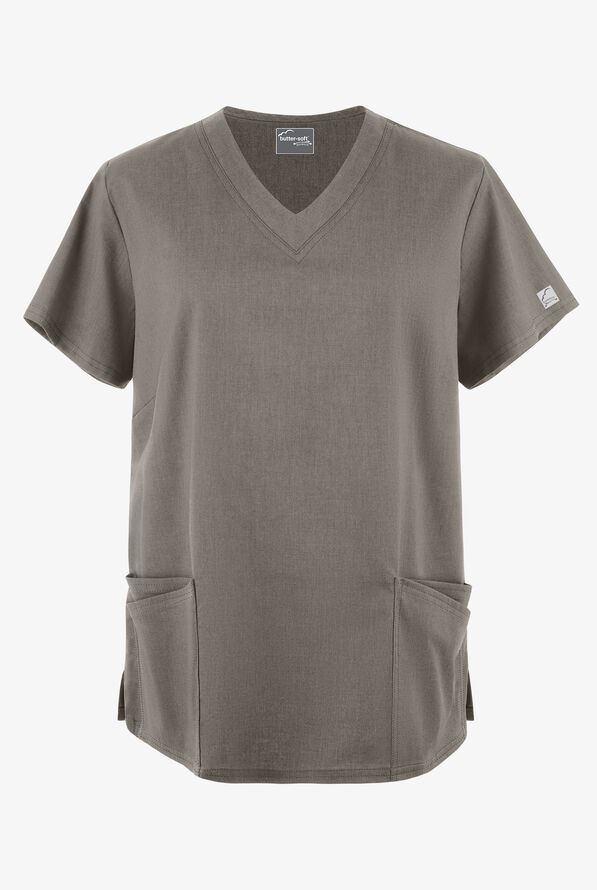 Butter-Soft STRETCH Women's 4-Pocket Plus Size V-Neck Scrub Top - Heather Grey - 1