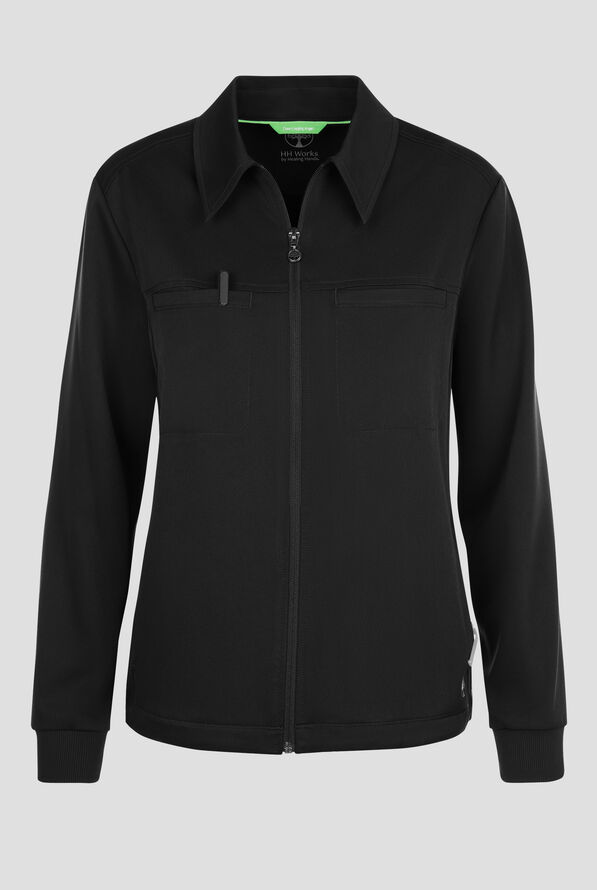 HH Works by Healing Hands Women's 7-Pocket STRETCH Shirt Collar Zip Front Scrub Jacket - Black - 1