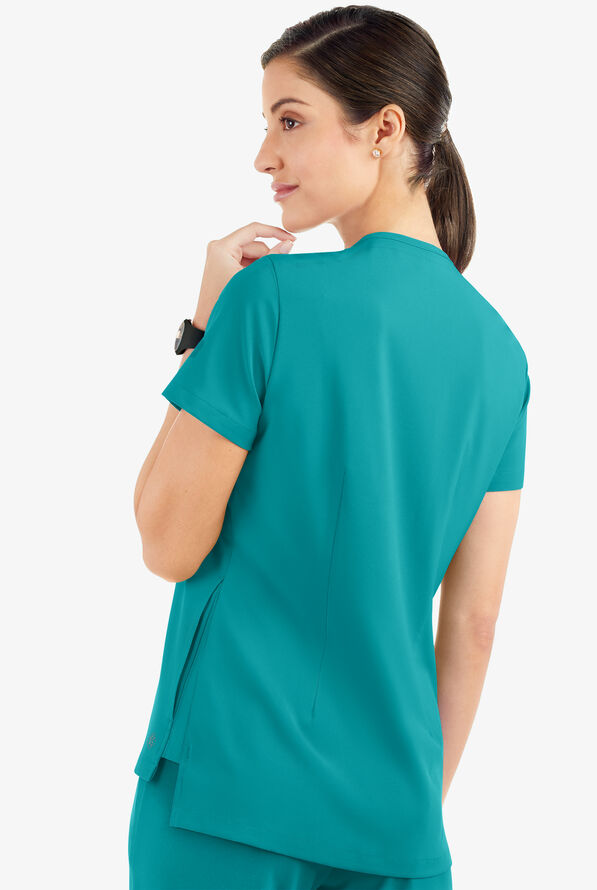 Easy STRETCH Taylor Women's 3-Pocket High Low Hem V-Neck Scrub Top - Teal - 3