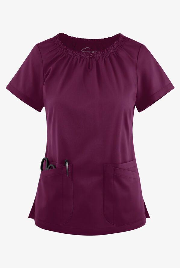 Blusa médica UA Butter-Soft STRETCH estilo campesina con mangas cortas y 6 bolsillos para mujer - Wine - 1