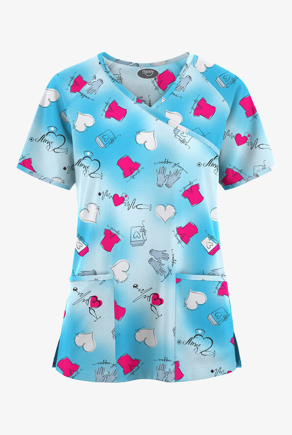 Blusa médica estampada Happy Scrubs Healing Hearts Morning Dew estilo cruzado con mangas raglán y 3 bolsillos para mujer - null - 1