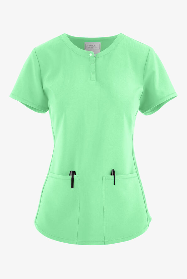 Cherokee Collection Women's 3-Pocket STRETCH Rib-Knit Side Snap Henley Scrub Top - Mint - 1