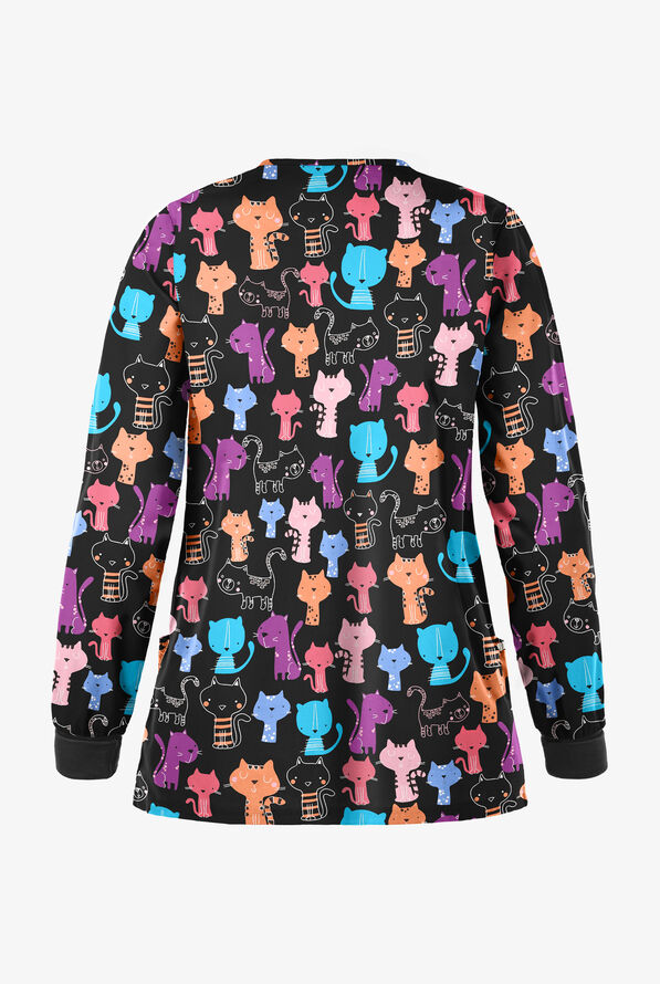 Butter-Soft Paris Cats Women's 2-Pocket Warm-Up Print Scrub Jacket - null - 2