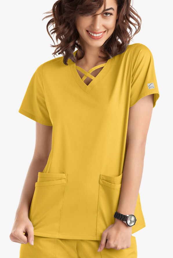 Butter-Soft STRETCH Women's 4-Pocket Crisscross Scrub Top - Warm Sun - 2