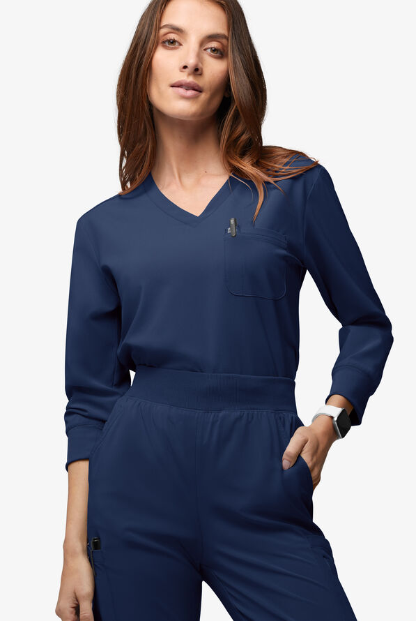 Easy STRETCH Women's Josie 2-Pocket Relaxed 3/4" Sleeve Scrub Top - Navy - 2
