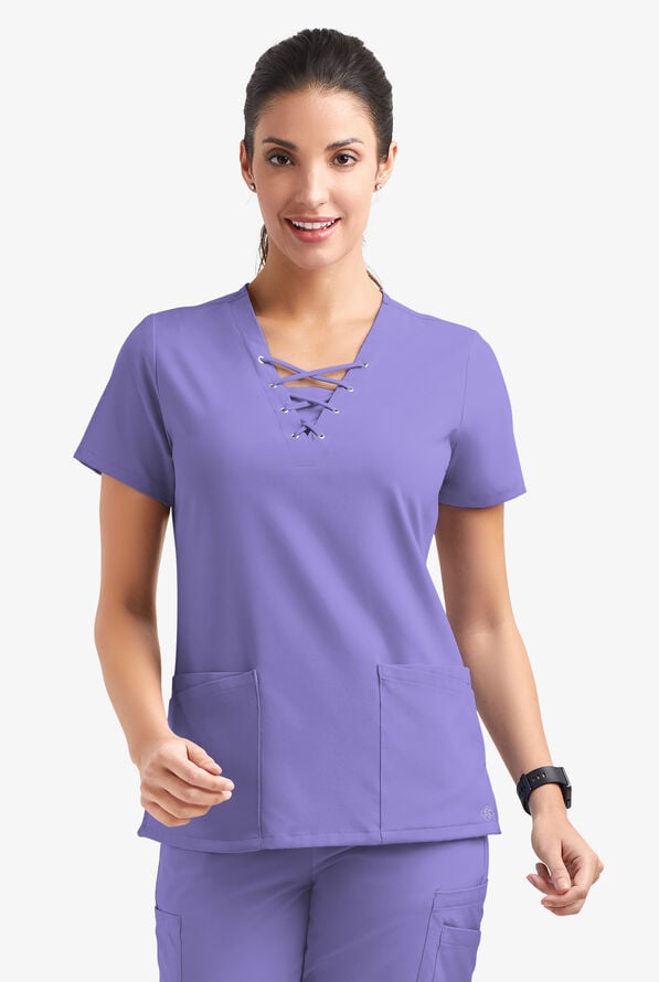 Easy STRETCH Gisele Women's 4-Pocket Lace Up V-Neck Scrub Top - Blueberry Crush - 2
