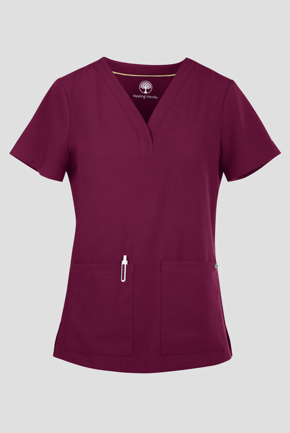 Healing Hands Quest Briana Women's 3-Pocket STRETCH Y-Neck Scrub Top - Wine - 1