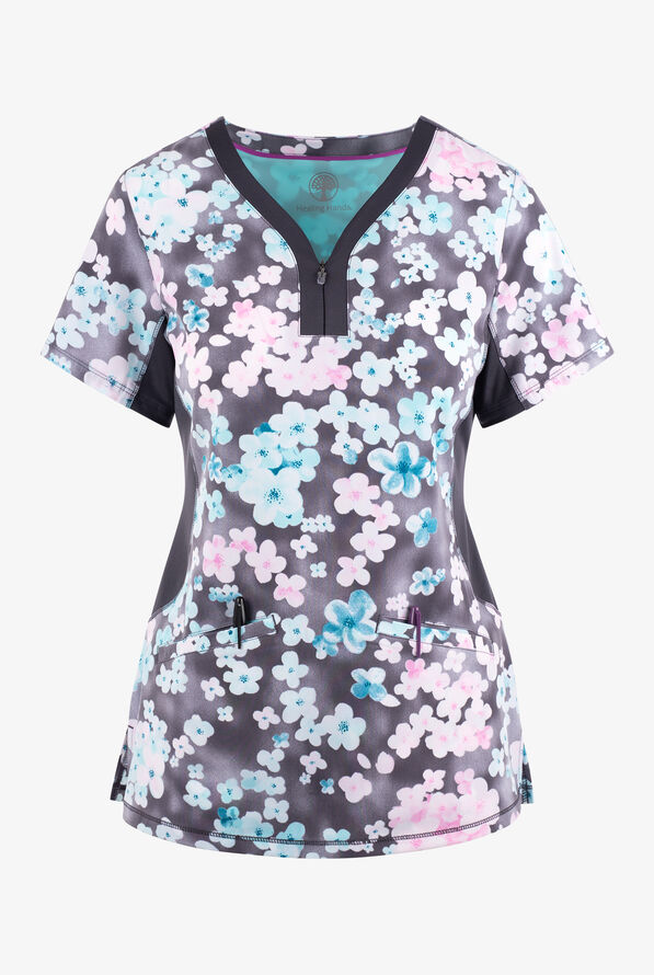 Healing Hands Dreamy Days Floral Women's 3-Pocket STRETCH Y-Neck Print Scrub Top - null - 1