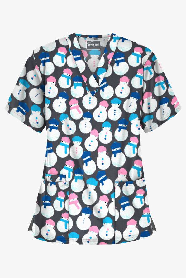 Butter-Soft Snowman Party Pewter Women's 3-Pocket V-Neck Print Scrub Top - null - 1