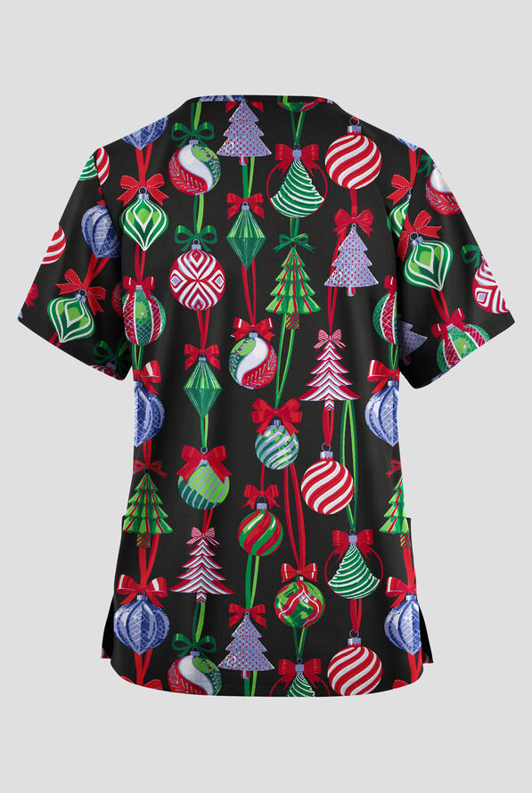 Butter-Soft Originals Ornament Cheer Women's 2-Pocket V-Neck Print Scrub Top - null - 2