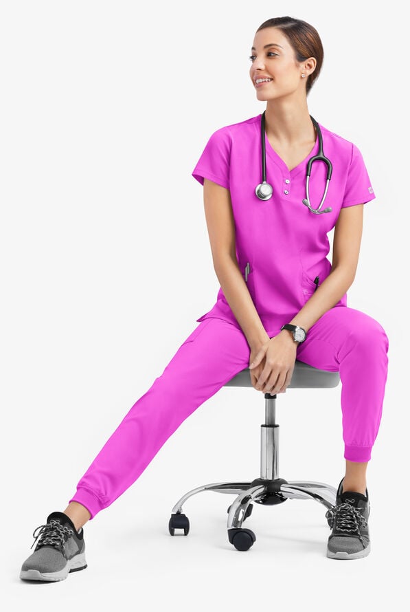 Easy STRETCH Demi Women's 4-Pocket Henley Scrub Top - Electric Fuchsia - 6