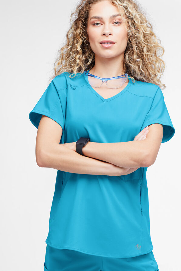 Easy STRETCH Sierra Women's Oversized 2 Pocket V-Neck Scrub Top - Turquoise - 2