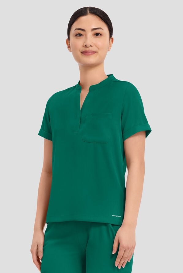 HH Works by Healing Hands Macy Women's 1-Pocket STRETCH Mandarin Collar Tuck In Scrub Top - Hunter - 2