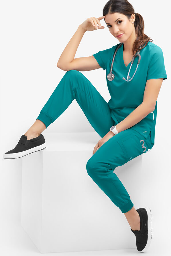 Blusa m&eacute;dica Easy STRETCH Zoe con cuello en V curvo y 4 bolsillos para mujer - Teal - 3