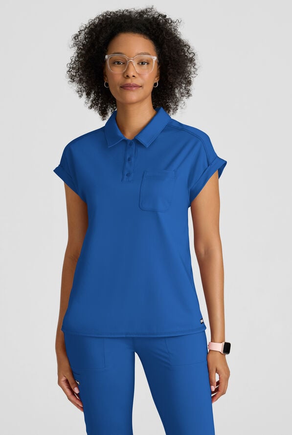 Grey's Anatomy by Barco Knit STRETCH Renew Women's 1-Pocket Dolman Sleeve Polo Scrub Top - Royal - 2