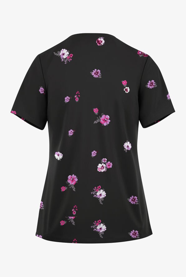 Butter-soft STRETCH Black Fall Blossom Women's 2-Pocket V-Neck Print Scrub Top - null - 2