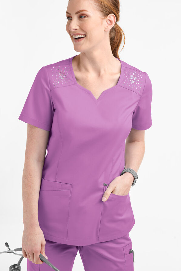 Butter-Soft STRETCH Women's 6-Pocket Crystal Bling Scrub Top - Orchid - 2