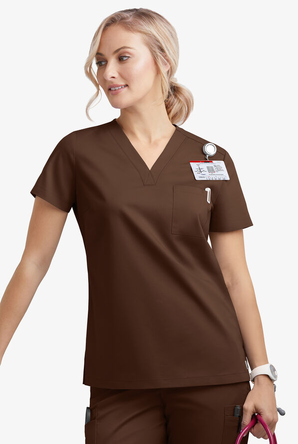 Blusa m&eacute;dica Butter-Soft STRETCH con cuello en V y 2 bolsillos para mujer - Coffee Bean - 3
