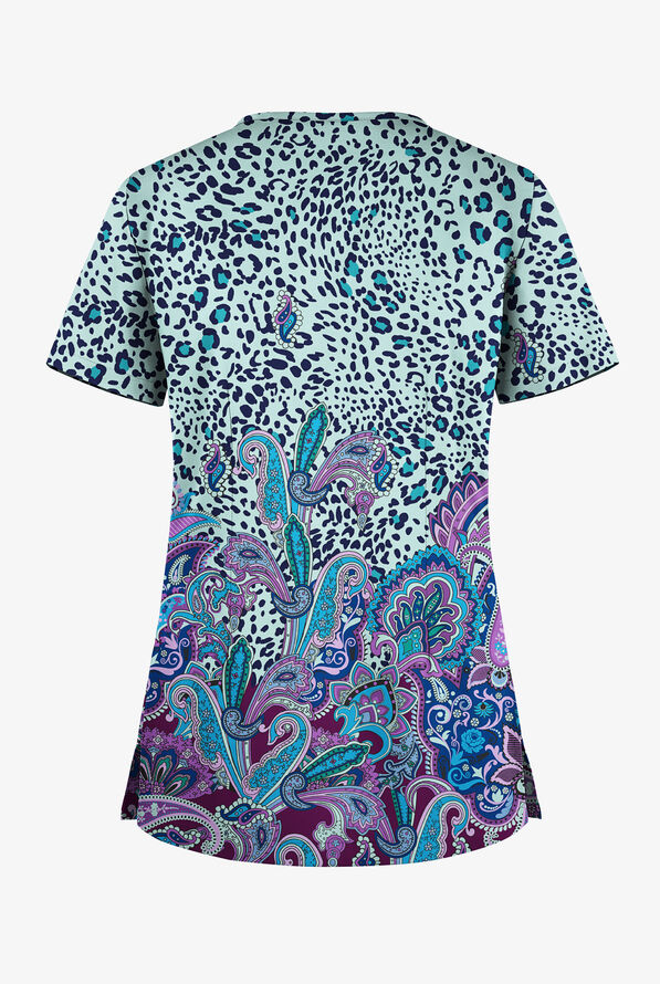 Blusa médica estampada Butter-Soft STRETCH Jungle Paisley Sea Frost con cuello en V y 1 bolsillo para mujer - null - 2