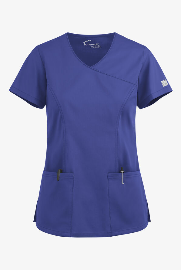 Butter-Soft STRETCH Women's 3-Pocket V-Neck Mock Wrap Scrub Top - Galaxy - 1