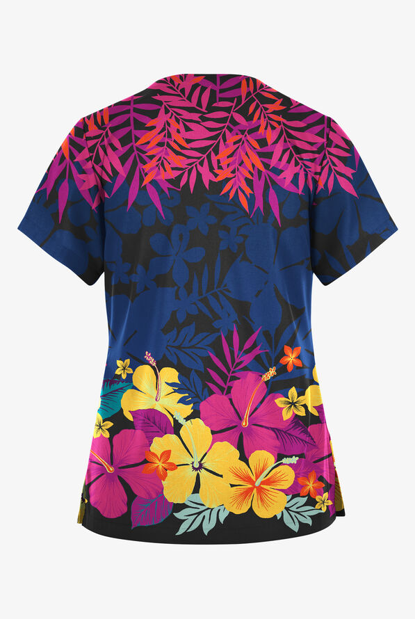 Butter-Soft Originals Subtle Flowers Navy Women's 2-Pocket V-Neck Print Scrub Top - null - 2