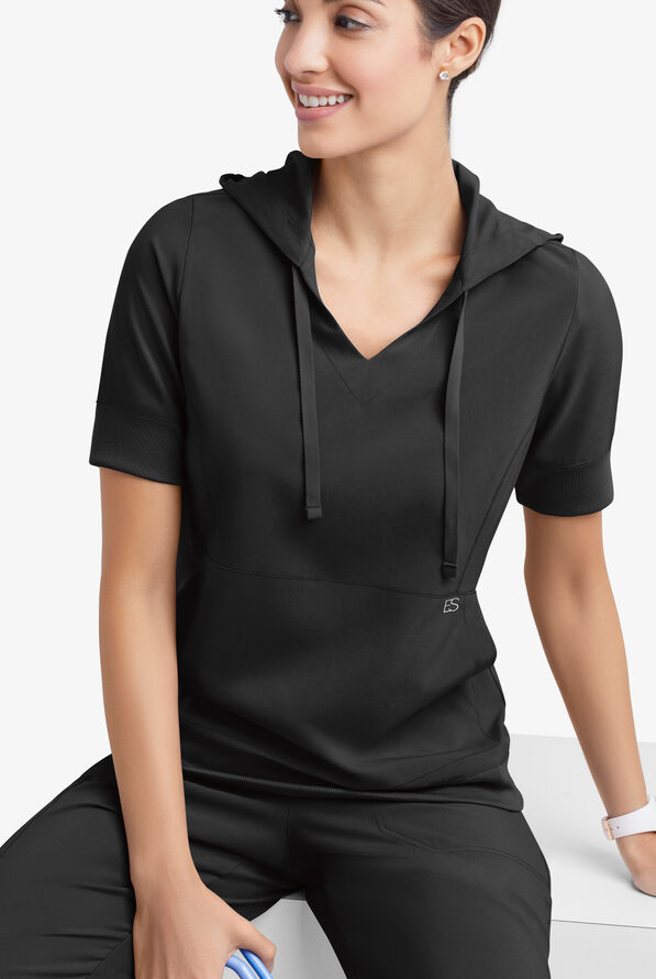 Easy STRETCH True Women's 3-Pocket Short Sleeve Pull-Over Scrub Hoodie - Onyx Black - 1