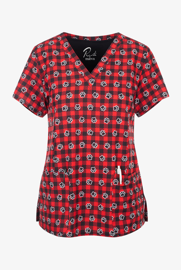 Maevn Plaid Paws Women's 3-Pocket STRETCH V-Neck Print Scrub Top - null - 1