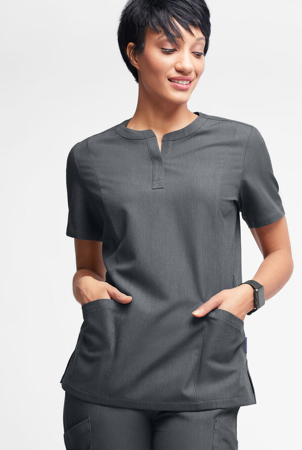MOVEMENT by Butter-Soft  STRETCH Elara Women's 5-Pocket Henley Scrub Top - Charcoal Heather - 2