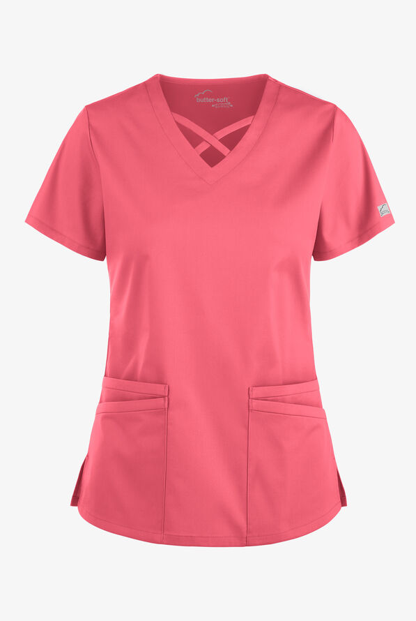 Butter-Soft STRETCH Women's 4-Pocket Crisscross Scrub Top - Rouge Rose - 1