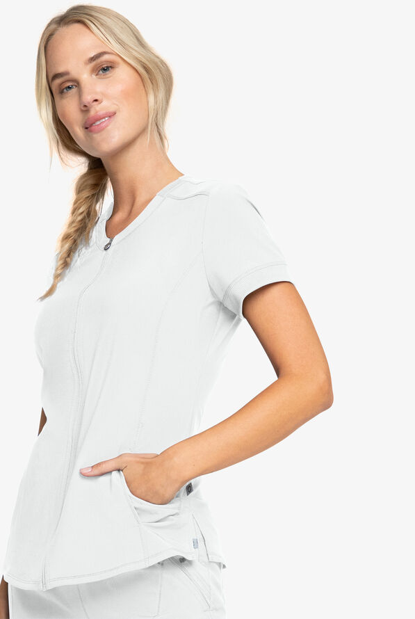 Cherokee Infinity Zip Front Round Neck Scrub Top, Antimicrobial Scrubs