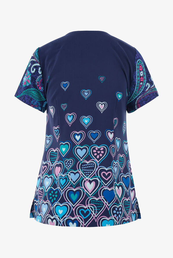 Blusa médica estampada mixta Butter-Soft STRETCH Hearts & Paisley con cuello en V y 1 bolsillo para mujer - null - 2