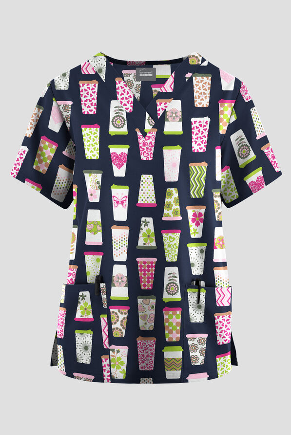 Butter-Soft Originals Good Morning Navy Women's 2-Pocket V-Neck Print Scrub Top - null - 1