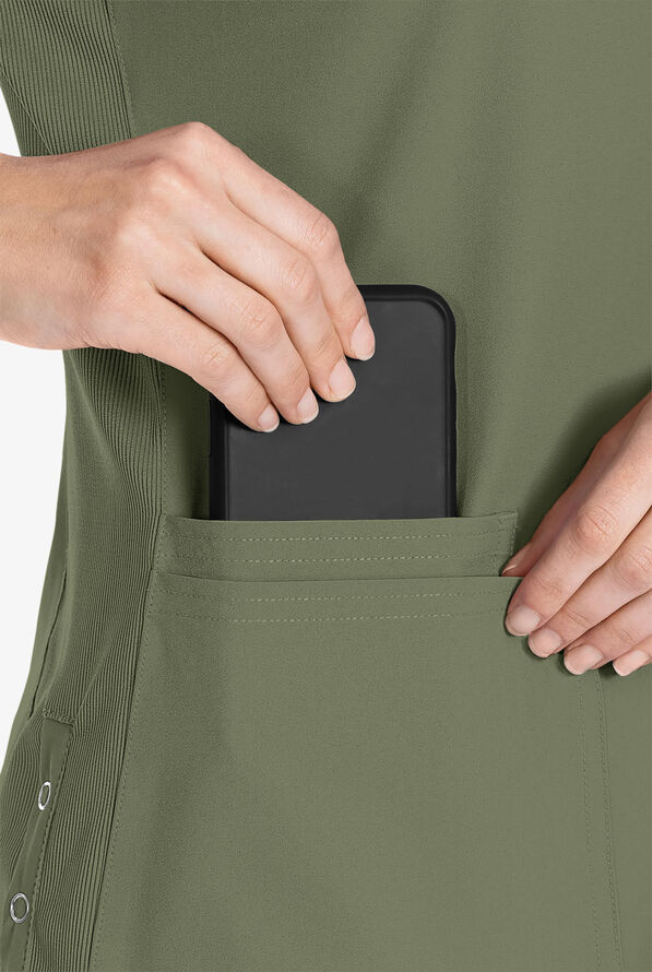 Med Couture Peaches Women's 3-Pocket STRETCH Raglan Sleeve Rib-Knit Side Panels V-Neck Scrub Top - Olive - 3