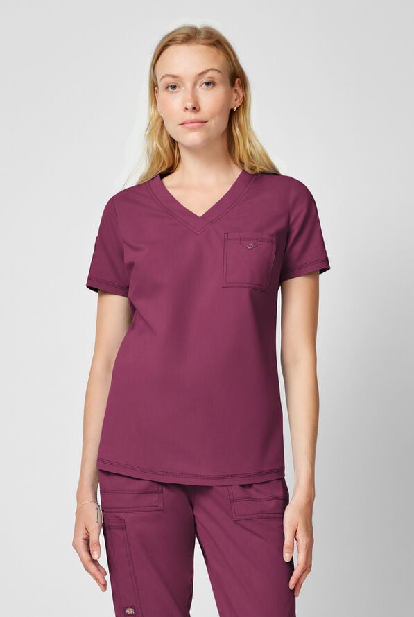 Dickies Forge Women's 2-Pocket Tuck-In V-Neck Scrub Top - Wine - 3