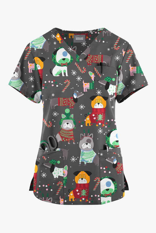 Butter-Soft Originals Cuddly Pups Pewter Women's 7-Pocket Rounded V-Neck Print Scrub Top - null - 1