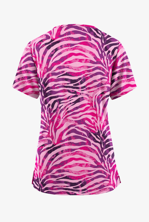 Easy STRETCH Exotic Zebra Flirt Women's 4-Pocket Zip Curved Neck Print Scrub Top - null - 2