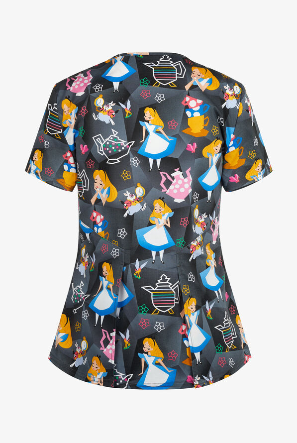 Tooniforms Disney's Paper Alice Women's 2-Pocket STRETCH V-Neck Print Scrub Top - null - 2