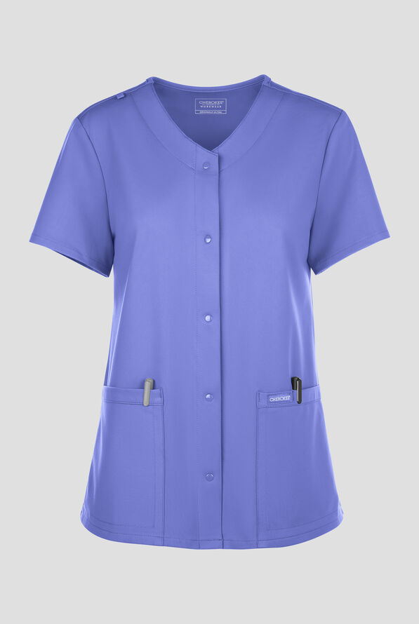 Cherokee Workwear Originals Ultra Women's 2-Pocket Snap Front V- Neck Scrub Top - Ceil Blue - 1