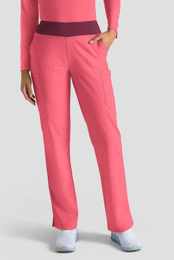 Butter-Soft STRETCH FLXTEK+ Women's 4-Pocket Knit Waistband Yoga Scrub Pants - Rouge Rose/Wine - 1