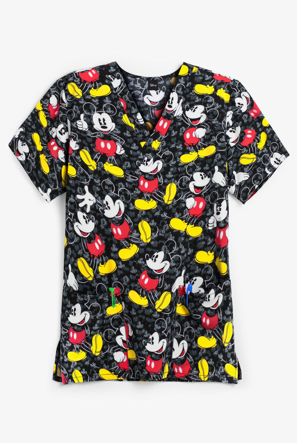 Blusa m&eacute;dica estampada unisex Cherokee Tooniforms Disney All the Mickeys con cuello en V y 2 bolsillos  - null - 1