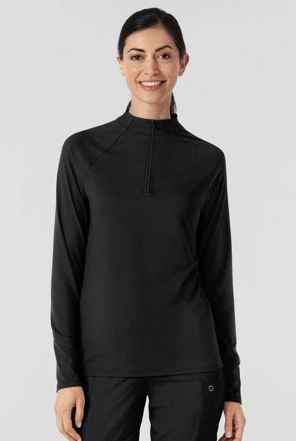 Wink Layers Women's 1-Pocket STRETCH Quarter Zip Mock Neck Knit Underscrub - Black - 3