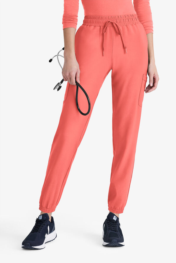 Grey's Anatomy by Barco Evolve STRETCH Terra Women's 6-Pocket Cargo Jogger Scrub Pants - Petite - Sunset Coral - 1