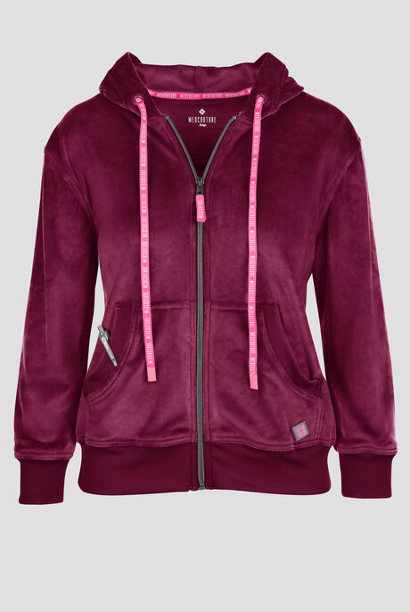 Chaqueta médica con capucha Med Couture Amp Velour Embossed Logo STRETCH con cremallera y 2 bolsillos para mujer