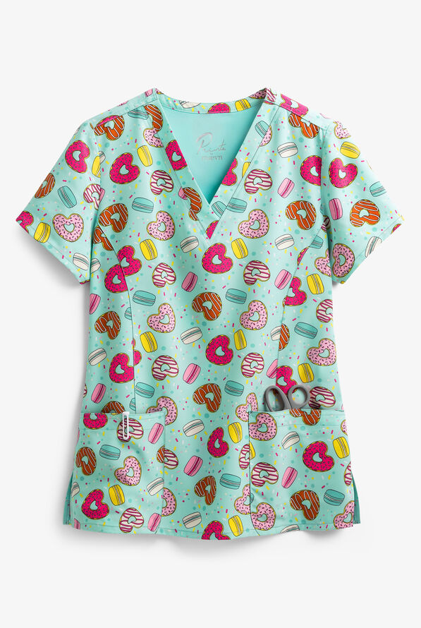 Maevn Sweet Goodness Women's 3-Pocket V-Neck Print Scrub Top - null - 1