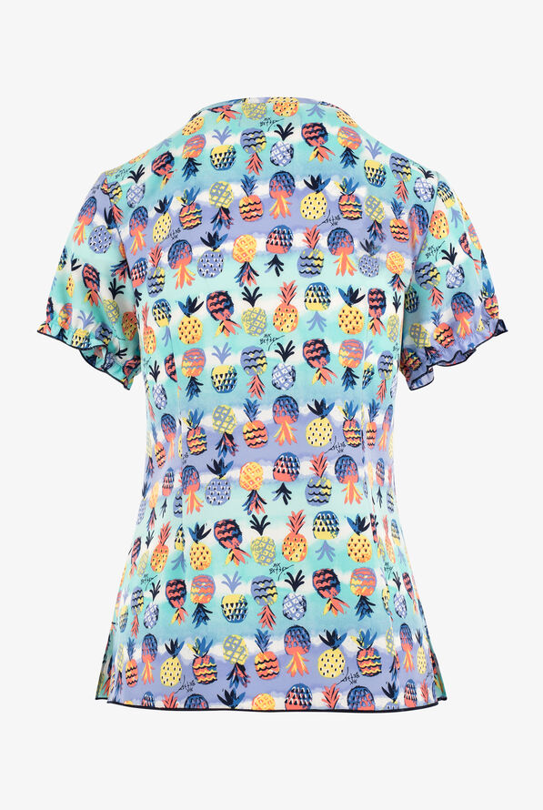 Betsey Johnson Pineapple Paradise Women's 2-Pocket STRETCH Y-Neck Print Scrub Top - null - 2