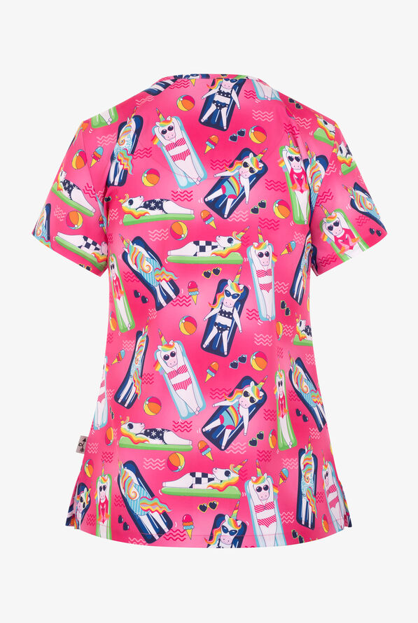 Zavate Ava Therese Poolside Unicorns Women's 2-Pocket STRETCH V-Neck Print Scrub Top - null - 2