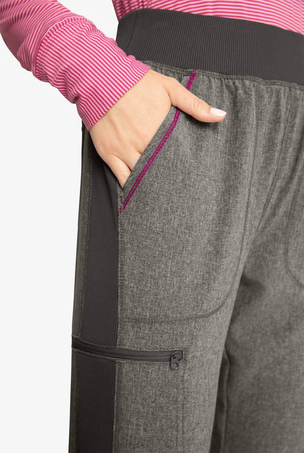 Cherokee Infinity Women's 5-Pocket STRETCH Yoga Cargo Scrub Pants - Heather Grey/Orchid Flower - 5