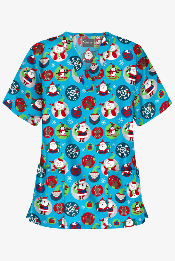 Butter-Soft Christmas Stickers Turquoise Women's 2-Pocket Relaxed Fit V-Neck Print Scrub Top - null - 1